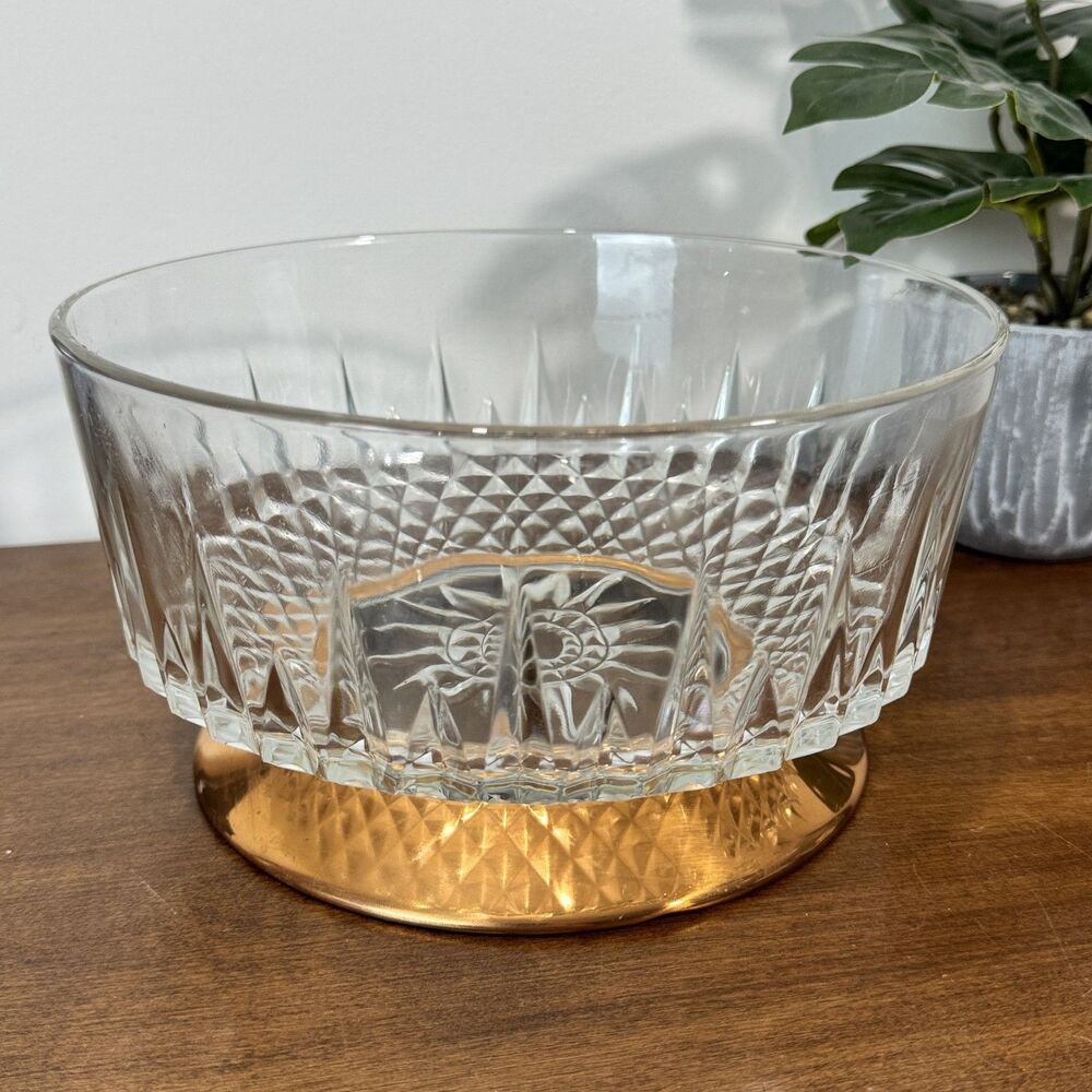 Vintage Arcoroc France Glass Pedestal Bowl Diamond Cut Starburst Copper Base